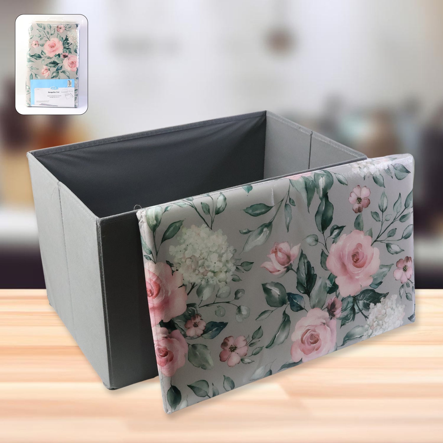 Wukusy premium foldable storage box with floral lid for home organization, made of durable material, shown closed in a home setting.