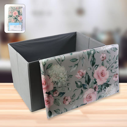 Wukusy premium foldable storage box with floral lid for home organization, made of durable material, shown closed in a home setting.