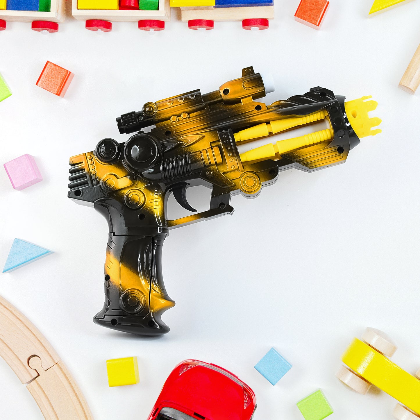 Wukusy Ttg LED laser gun toy with flashing lights and sound, battery-operated space blaster for kids, in a set with multiple accessories