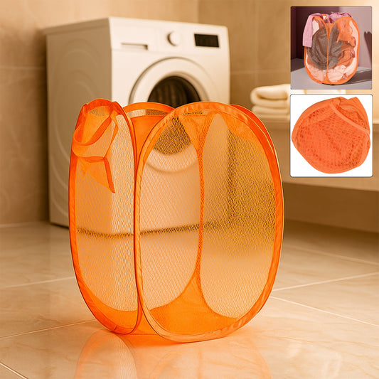 Foldable Wukusy mesh laundry hamper with pop-up design, lightweight and collapsible for easy storage and transport.