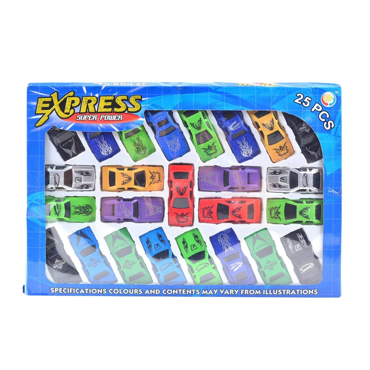 Wukusy 8058 Super Racer Power Car Set with 25 toy cars and accessories, colorful plastic vehicles for kids' play.