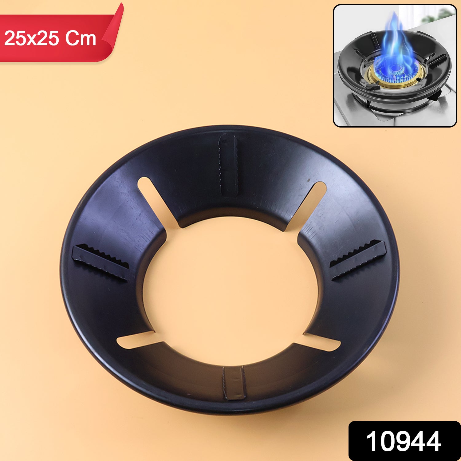 Wukusy gas stove flame protector ring, 25x25 cm, single black metal ring, placed on a stovetop to shield burners from spills.