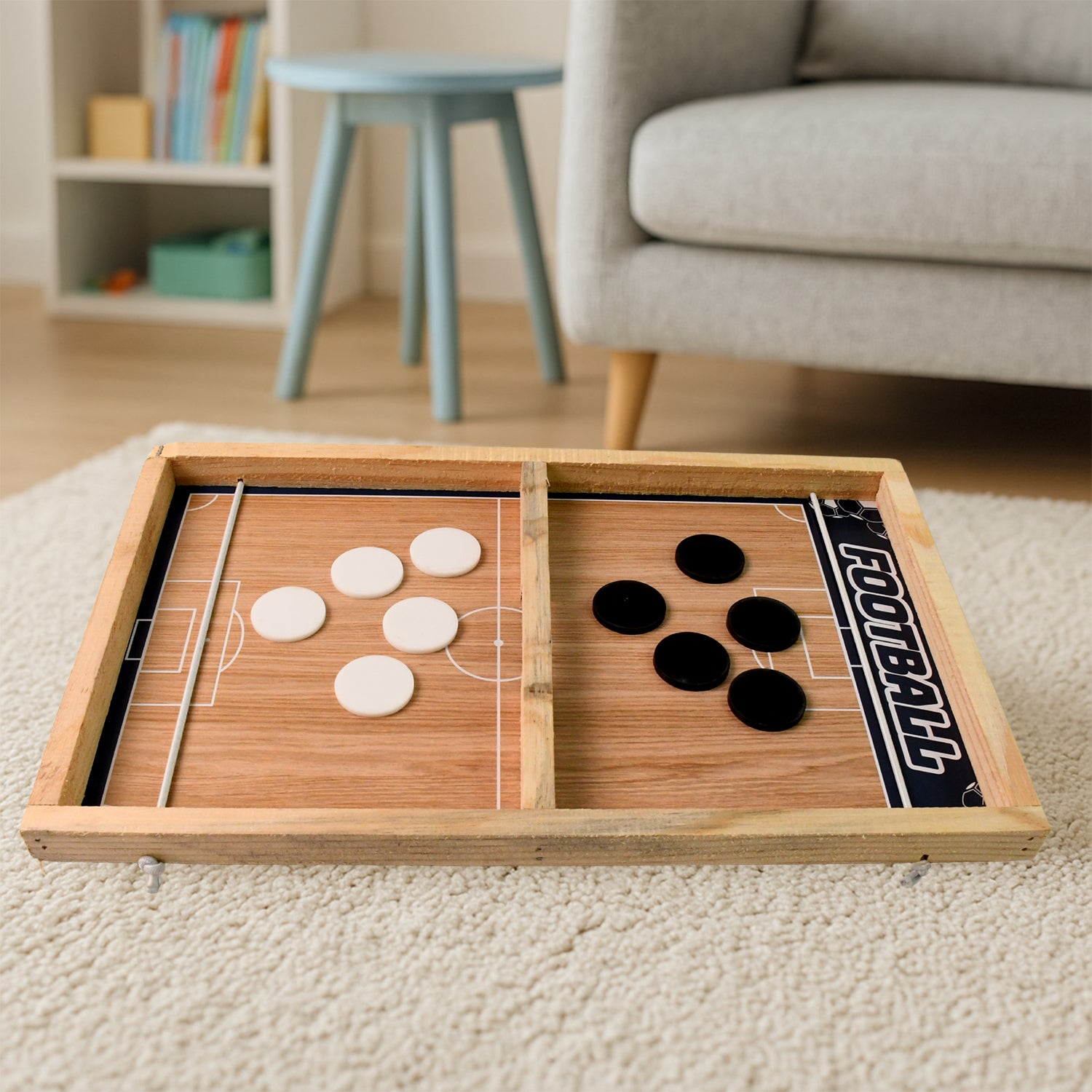 Wukusy wooden 3-in-1 game set with Ludo, Snakes and Ladders, and desktop football on wooden surface.