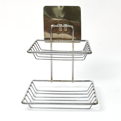 Wukusy 1763 kitchen bathroom soap storage rack with two hooks, mounted on wall for organizing soaps and accessories.