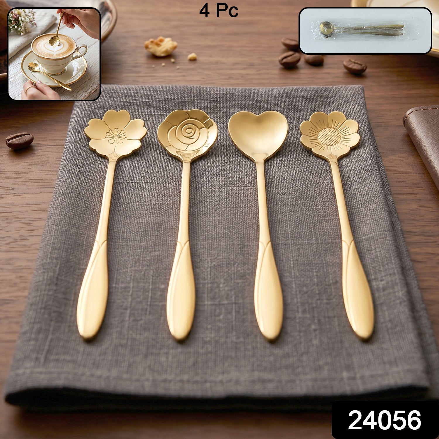 Set of four Wukusy golden mini serving spoons for desserts, tea, and coffee, made of steel with a polished finish.