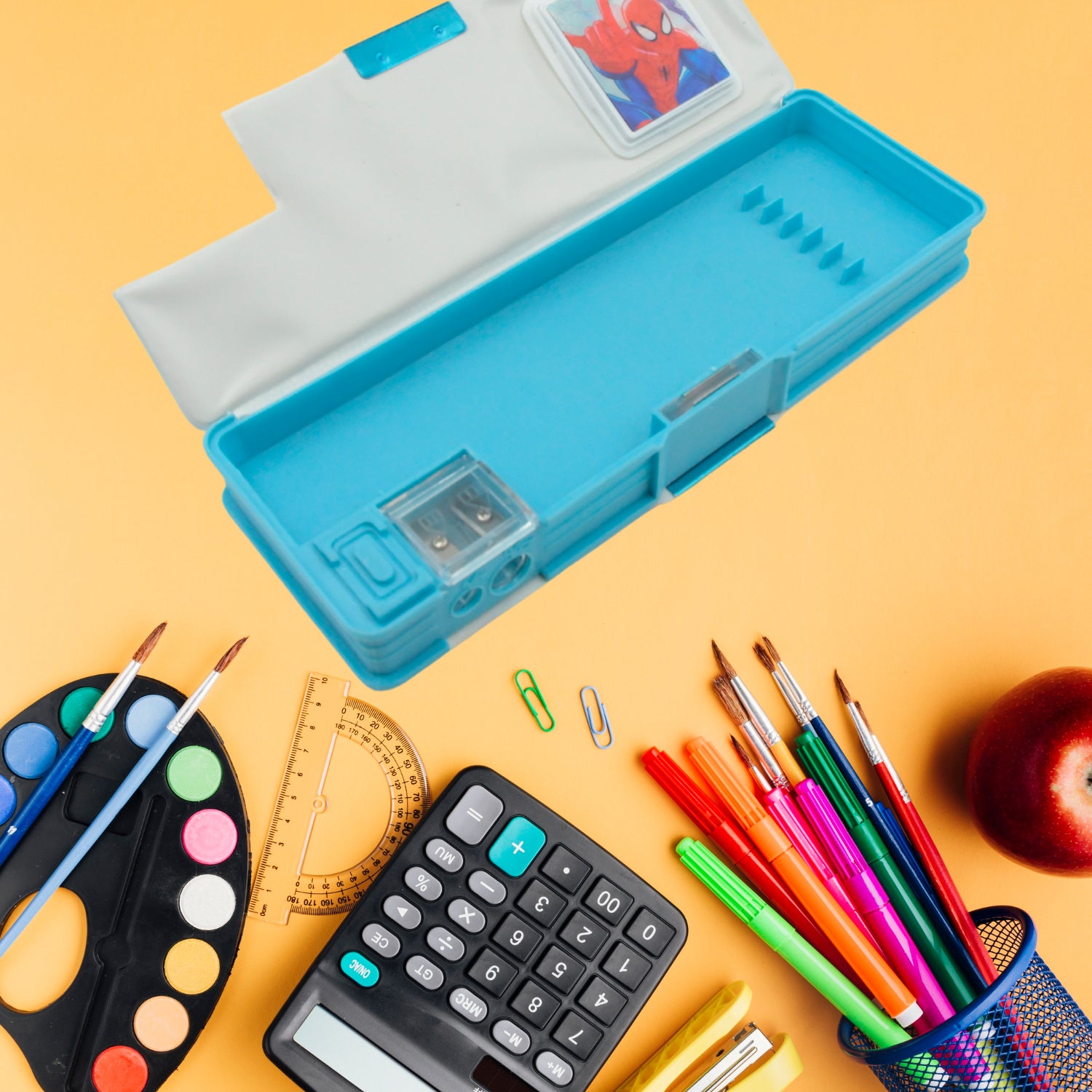 Wukusy 4260 Art Stationery Cartoon Geometry Box with inbuilt calculator, double sharpener, and open dual compartments for boys and girls