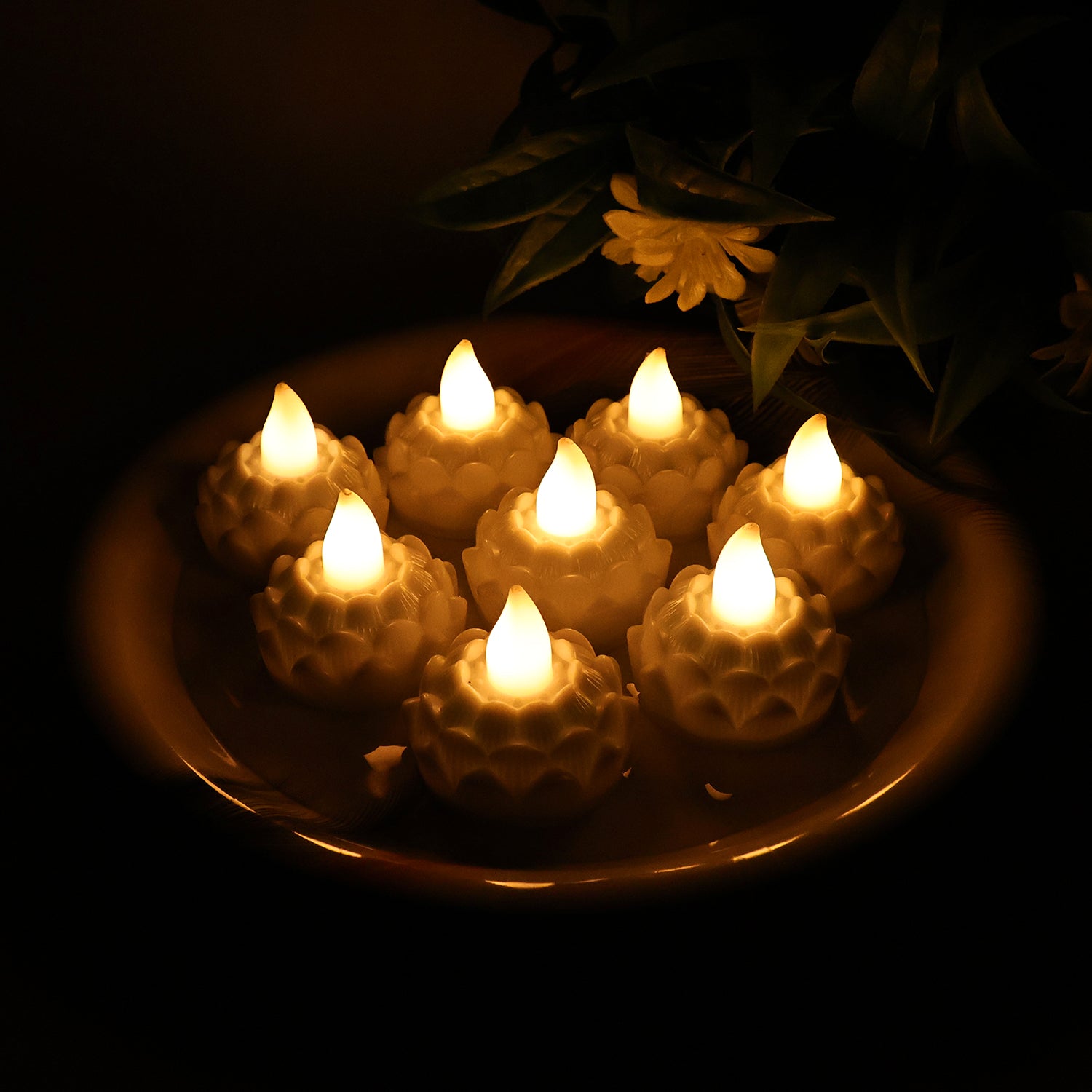 Set of 8 Wukusy lotus-shaped LED flameless tealight candles for home decor, featuring glowing lotus flower design and warm ambient light.
