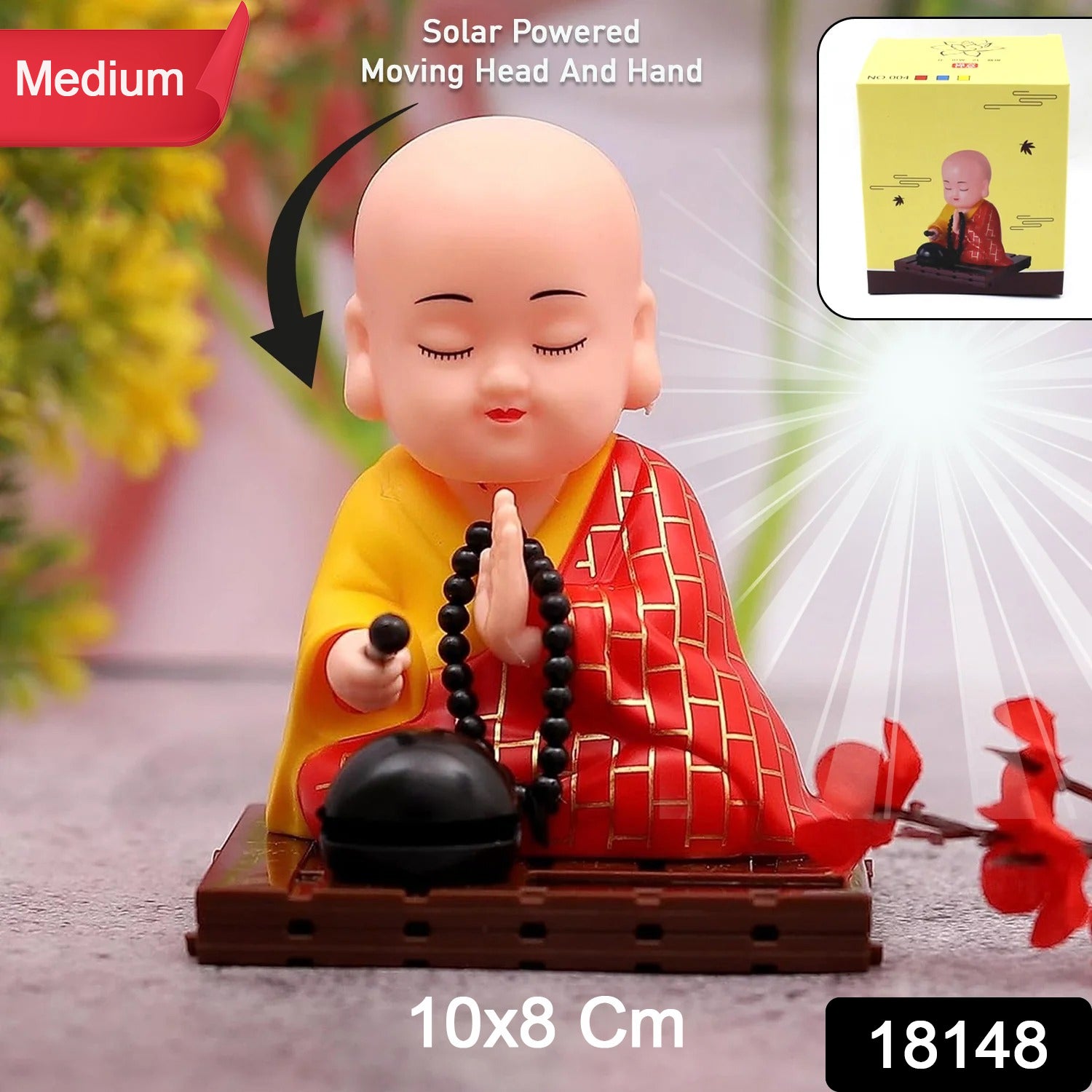 Solar powered sitting Buddha statue with moving head and hand, Wukusy home decor, medium size, outdoor or indoor decoration.