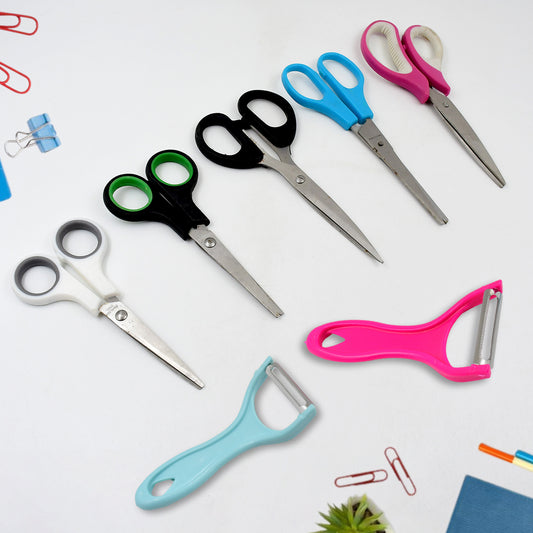 Wukusy stainless steel kitchen scissors and peeler set with mixed designs, versatile tools for cutting and peeling in the kitchen
