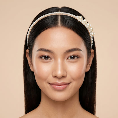 Wukusy pearl beaded designer hairband for women, stylish headband with elegant pearl beads, perfect for fashion accessories.