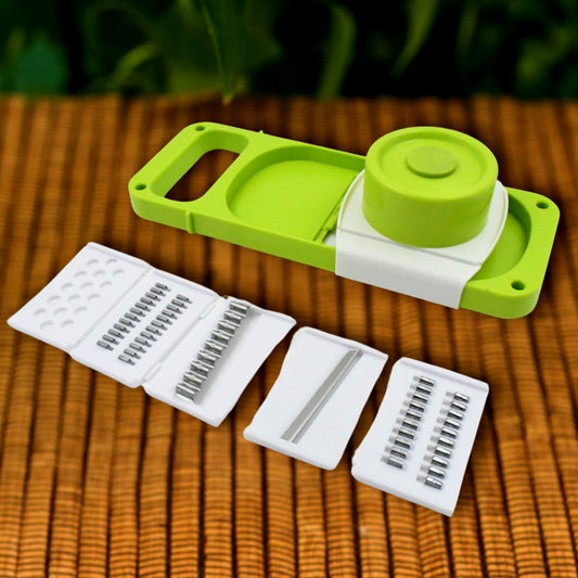 Wukusy 5-in-1 foldable vegetable slicer with stainless steel blades, protective guards, used for potatoes, onions, and julienne vegetables.