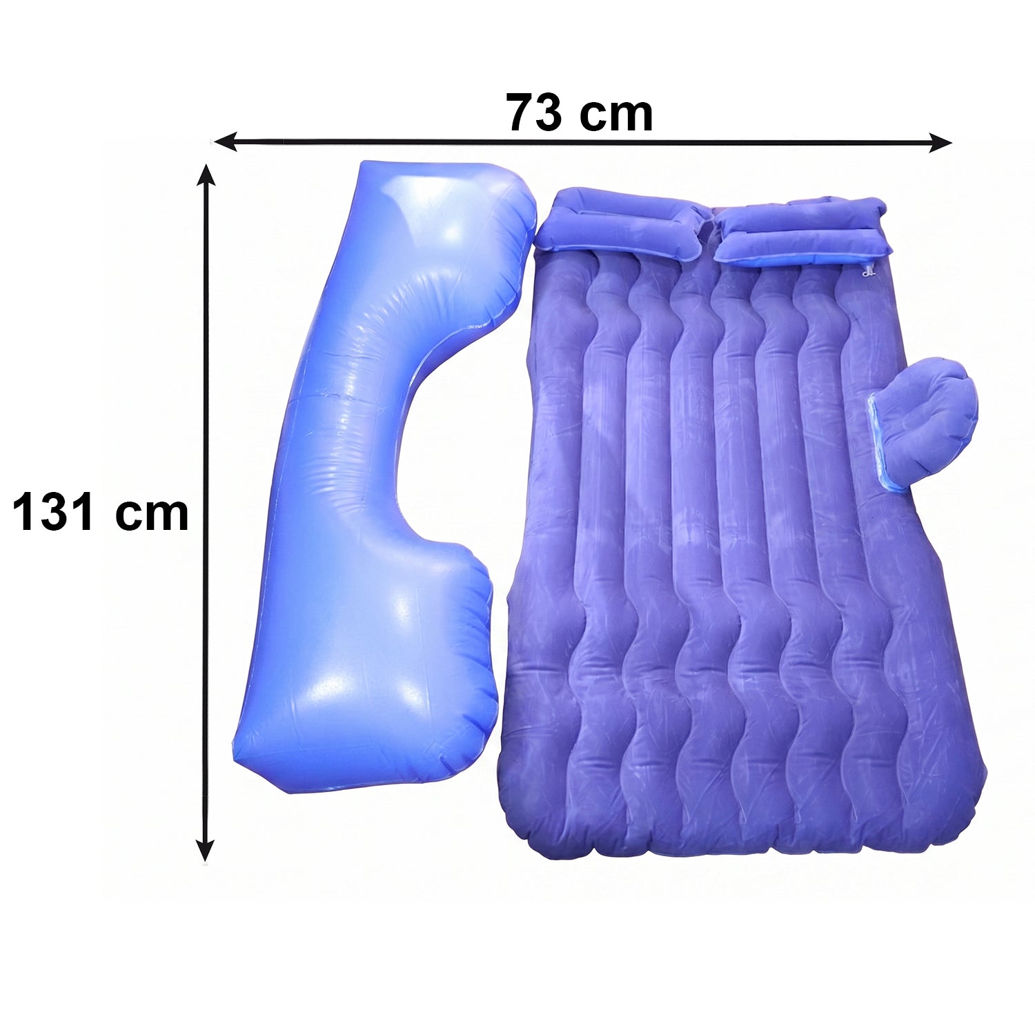 Dark blue Wukusy portable car air mattress bed set with pump and pillows, inflated and ready for use inside a vehicle.