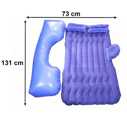 Dark blue Wukusy portable car air mattress bed set with pump and pillows, inflated and ready for use inside a vehicle.