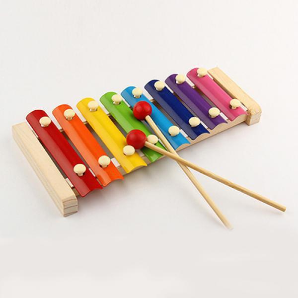 Colorful Wukusy 1912 wooden xylophone musical toy for children with multicolored bars and small mallet for early music play.