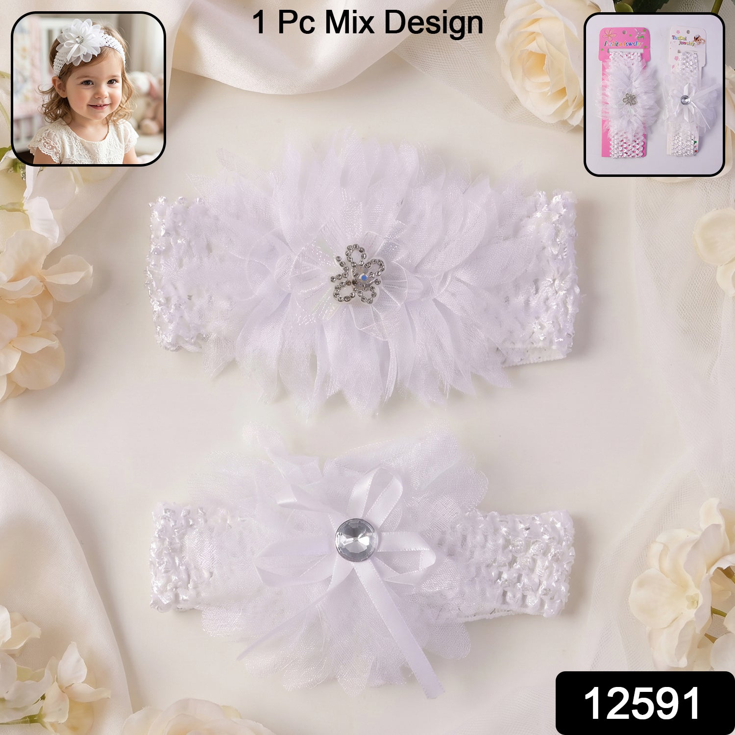Soft elastic baby hair headband with floral lace design by Wukusy, featuring a mix of floral patterns in a comfortable fit.