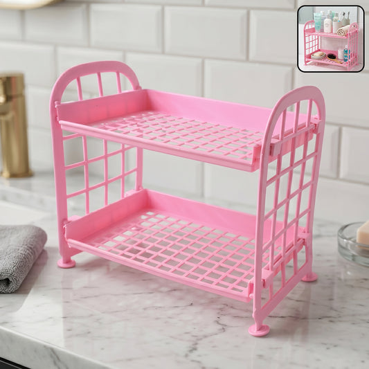 Small plastic 2-layer storage organizer shelf by Wukusy, ideal for kitchen multipurpose storage, shown in a clean, organized setting.
