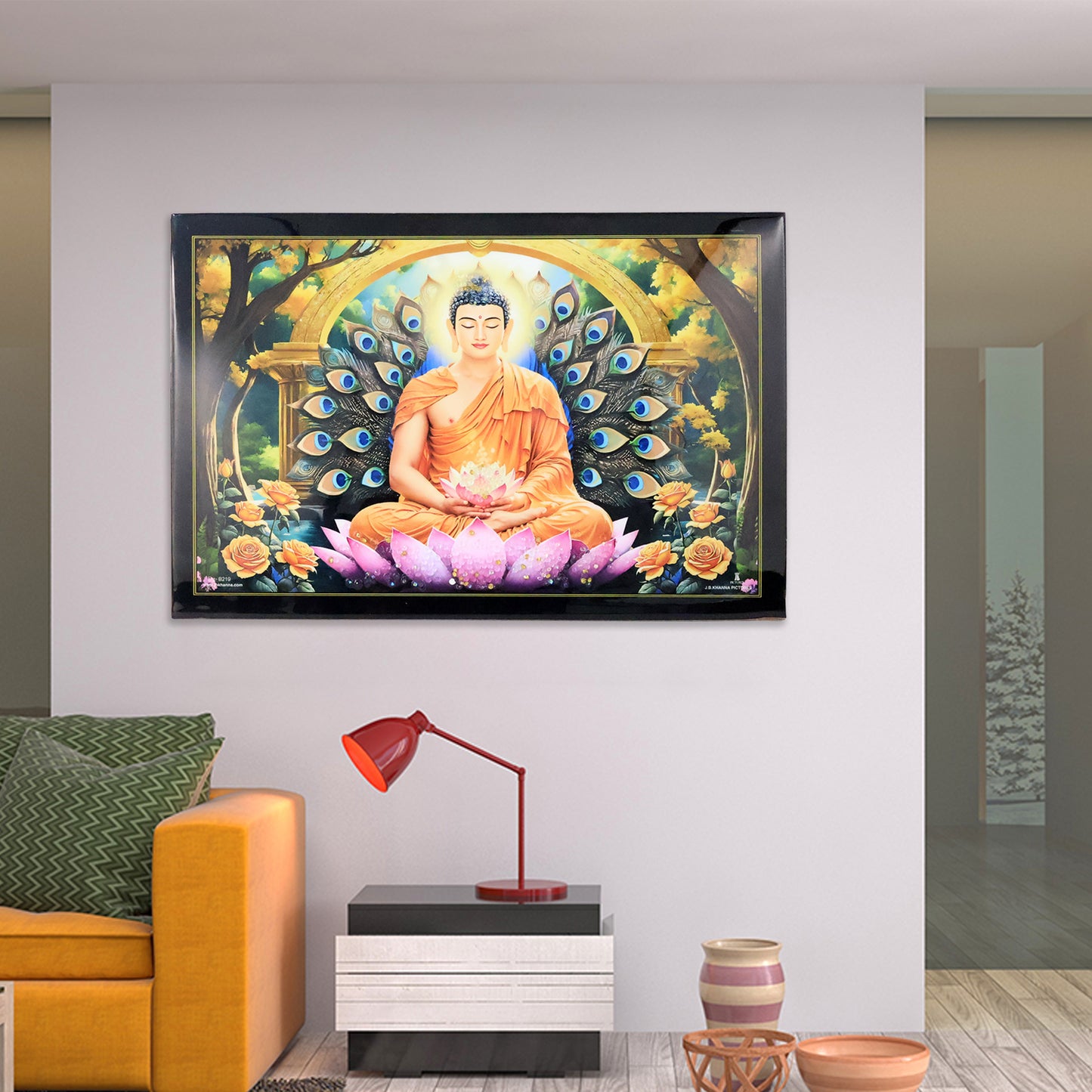 Decorative Lord Buddha wall painting with wooden frame, mix design, 45x30 cm, featuring a serene Buddha image for home decor.
