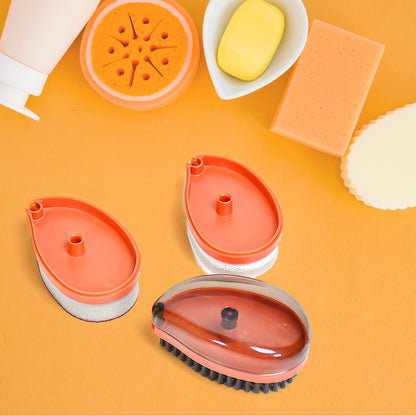 Set of three multicolor Wukusy plastic wet and dry brushes for home cleaning, suitable for various surfaces and chores.