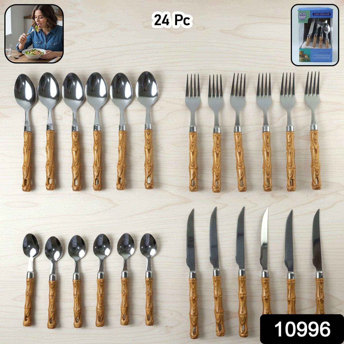 Wukusy 24-piece stainless steel cutlery set with wooden finish handles, including forks, knives, spoons, and teaspoons.