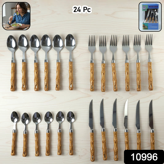 Wukusy 24-piece stainless steel cutlery set with wooden finish handles, including forks, knives, spoons, and teaspoons.