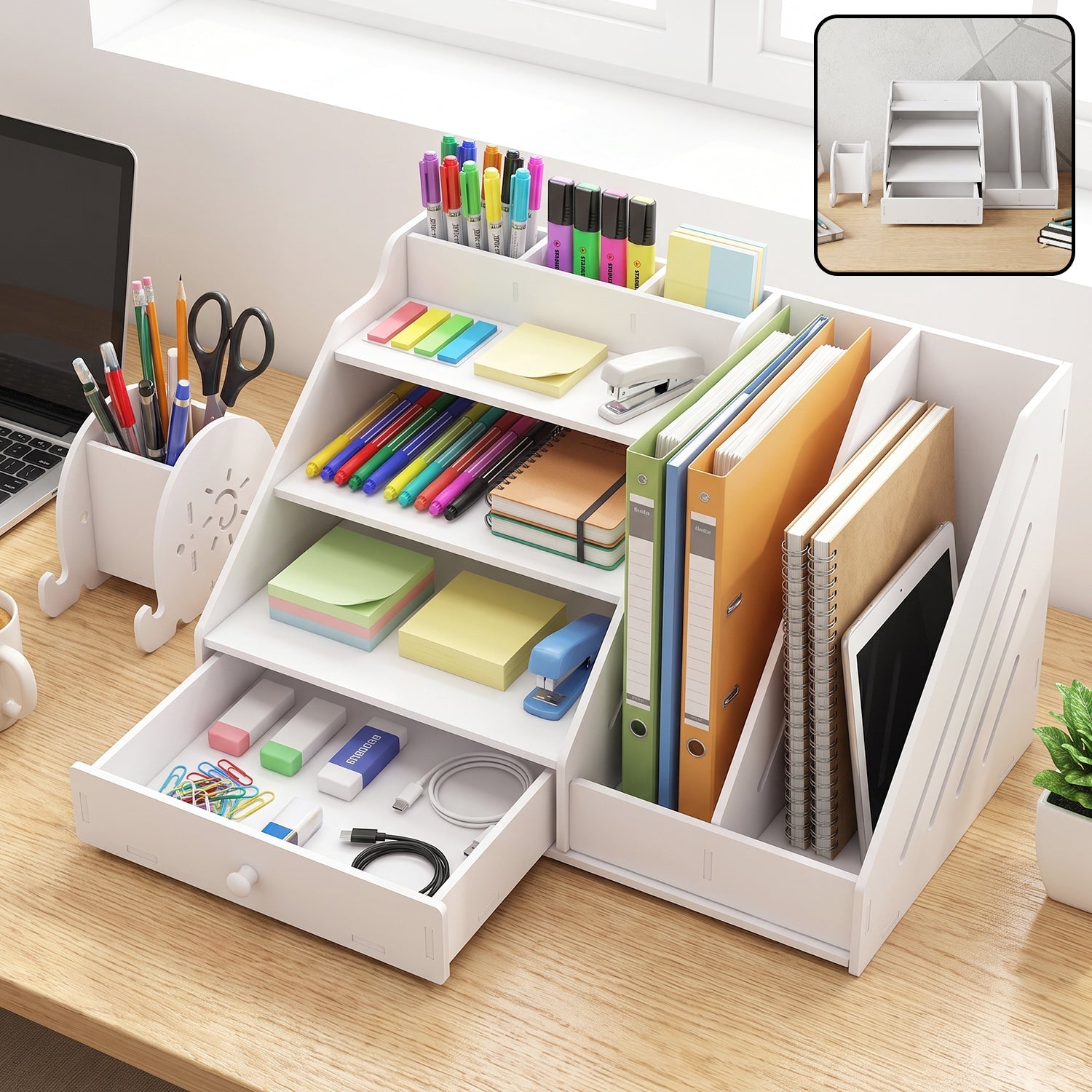Wukusy multifunctional desk organizer with storage cabinet, drawer, and file rack for office or home use.