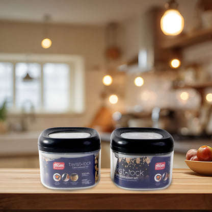 Wukusy Supermom plastic twist lock storage container set with two 500ml containers for kitchen organization.