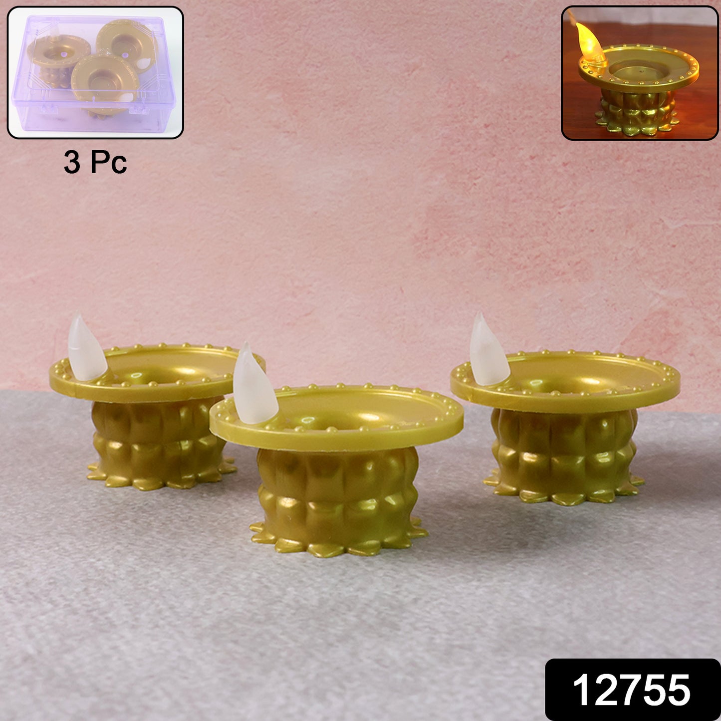 Set of 3 Wukusy water sensor LED golden diyas for home decor, featuring glowing LED lights and traditional diya design.