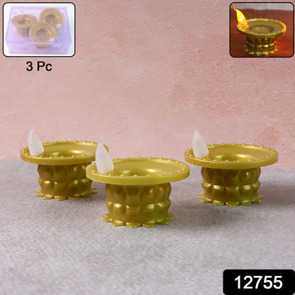 Set of 3 Wukusy water sensor LED golden diyas for home decor, featuring glowing LED lights and traditional diya design.