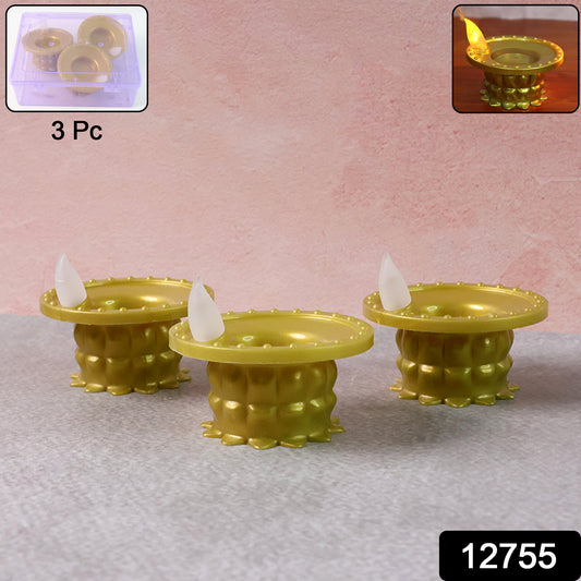 Set of 3 Wukusy water sensor LED golden diyas for home decor, featuring glowing LED lights and traditional diya design.