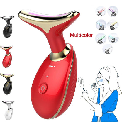 Wukusy electric face massager with LED photon therapy for wrinkle removal and skin rejuvenation, shown in use on a beauty model.