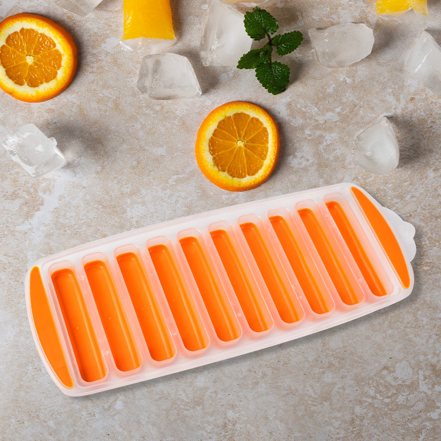 Wukusy 7166 water bottle long stick ice cube tray with colorful silicone bottom, easy push pop-out narrow ice stick cubes.