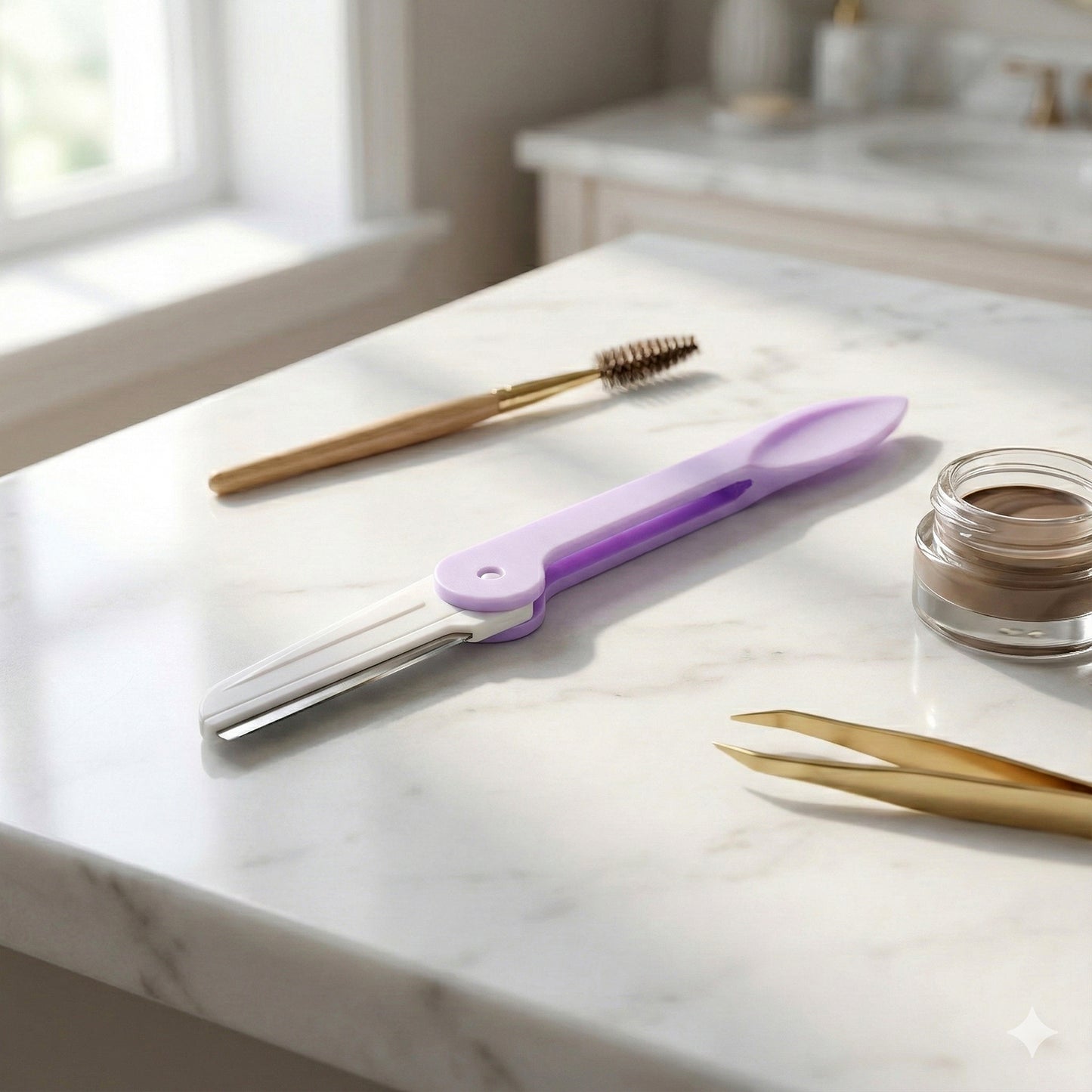 Wukusy eyebrow facial hair razor with three replaceable blades, shown with a close-up of the razor and blades for precise grooming.