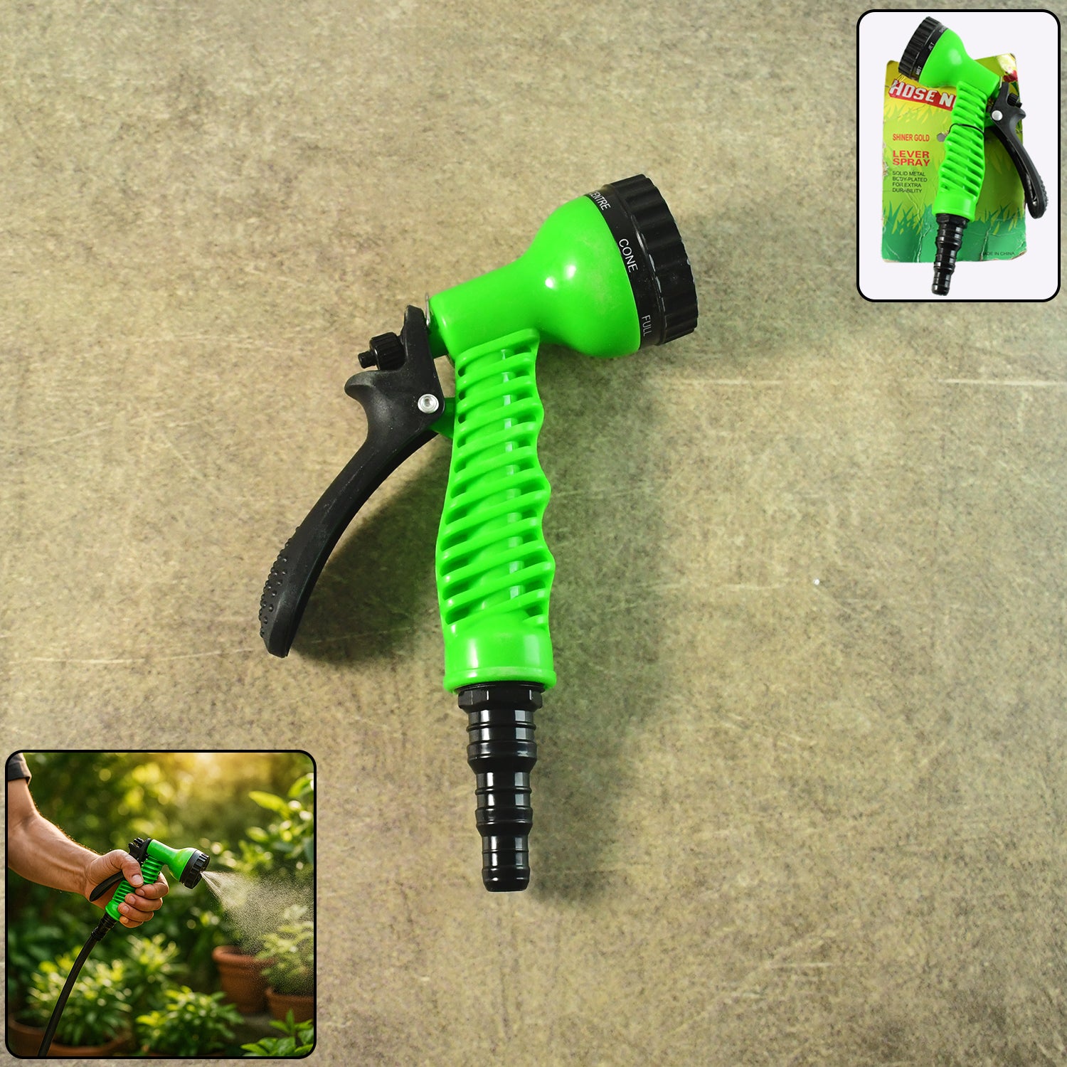 Wukusy multi-pattern garden hose spray nozzle with ergonomic grip and adjustable settings for watering gardens and plants.