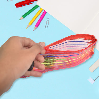 Clear nylon mesh zippered pouch by Wukusy, ideal for office use, featuring multiple compartments for organization.