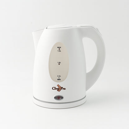 Wukusy Orbit electric kettle with 1.5-liter capacity, stainless steel body, and ergonomic handle for home kitchen use