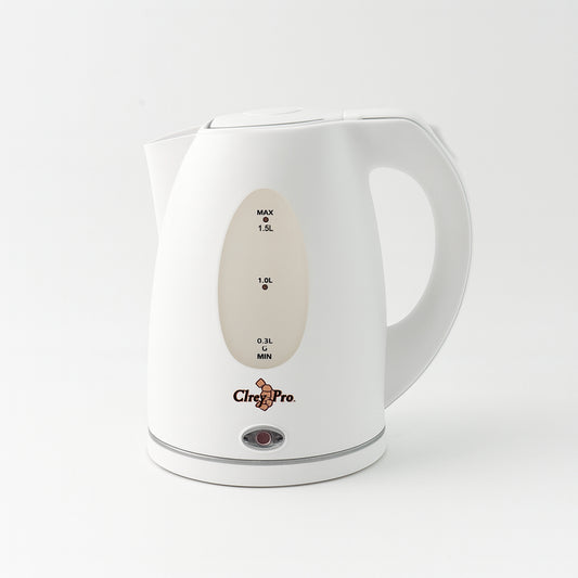 Wukusy Orbit electric kettle with 1.5-liter capacity, stainless steel body, and ergonomic handle for home kitchen use