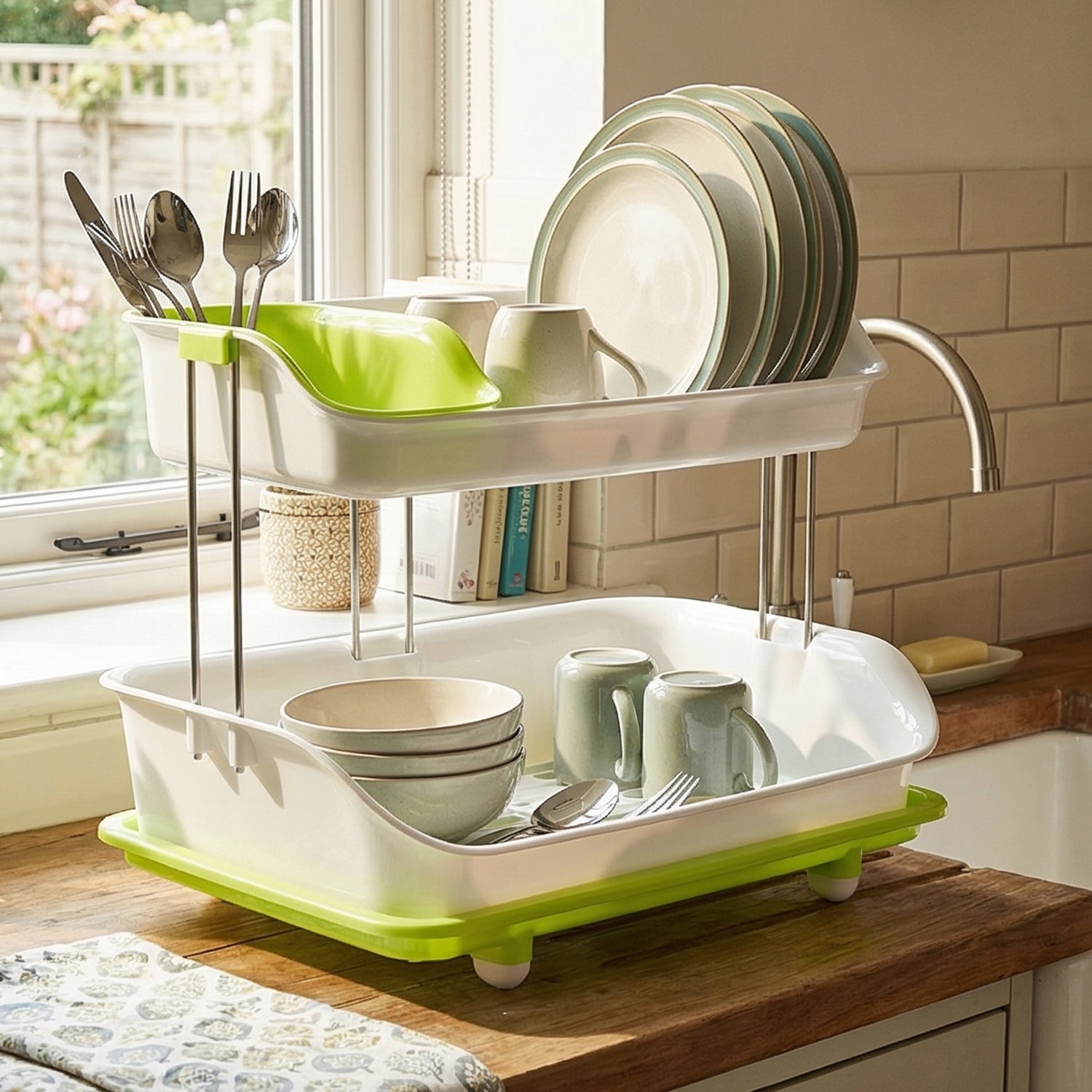 Wukusy Prexo 2-layer kitchen dish drying rack with drain tray, holding plates, cups, and utensils in a modern kitchen setting