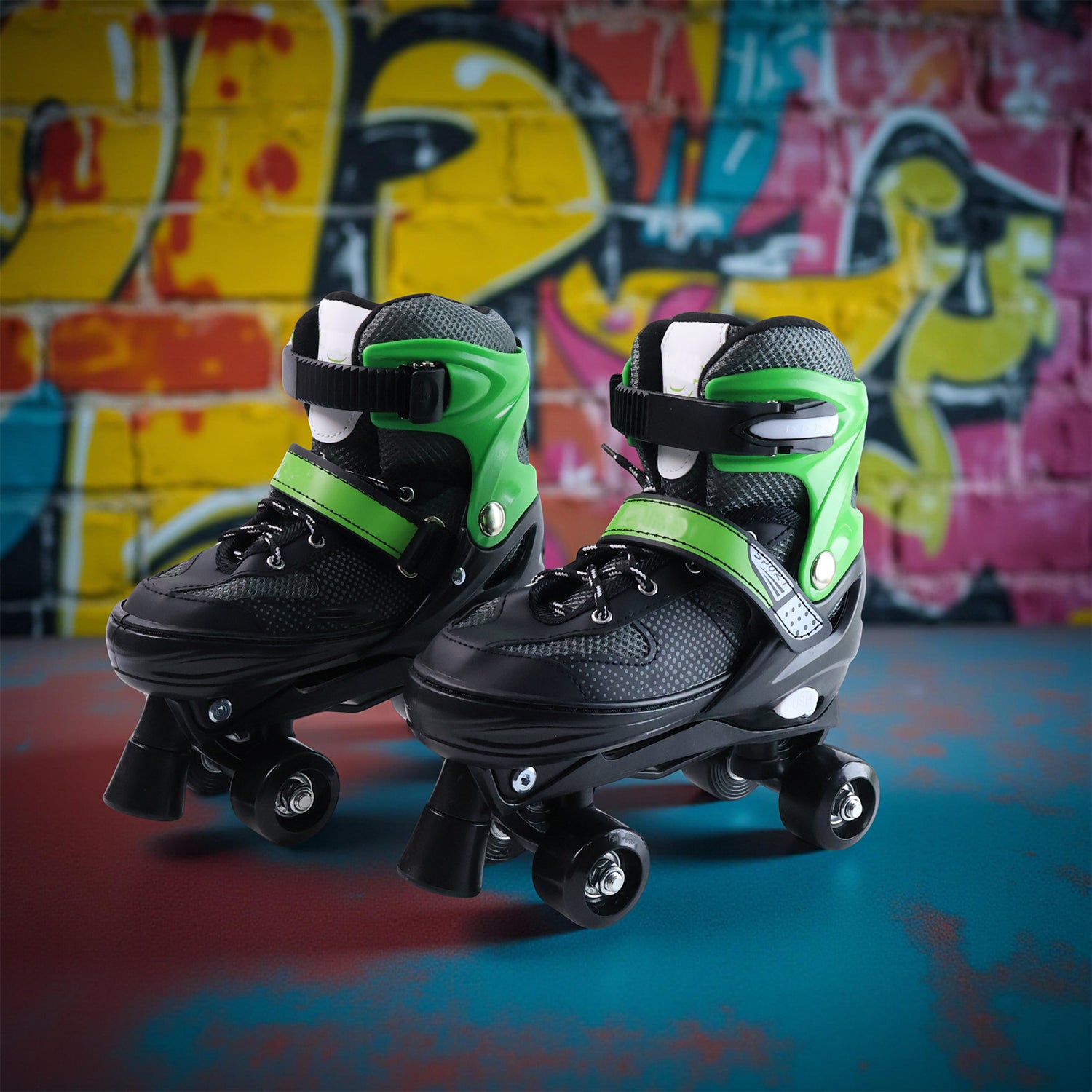Kids' adjustable quad roller skates by Wukusy with large size, featuring colorful wheels and secure straps for fun outdoor skating.