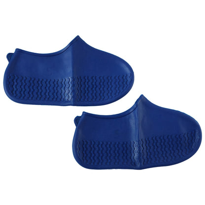 Pair of blue Wukusy reusable waterproof silicone rain shoe covers with non-slip soles, designed for small shoes, shown on a surface.