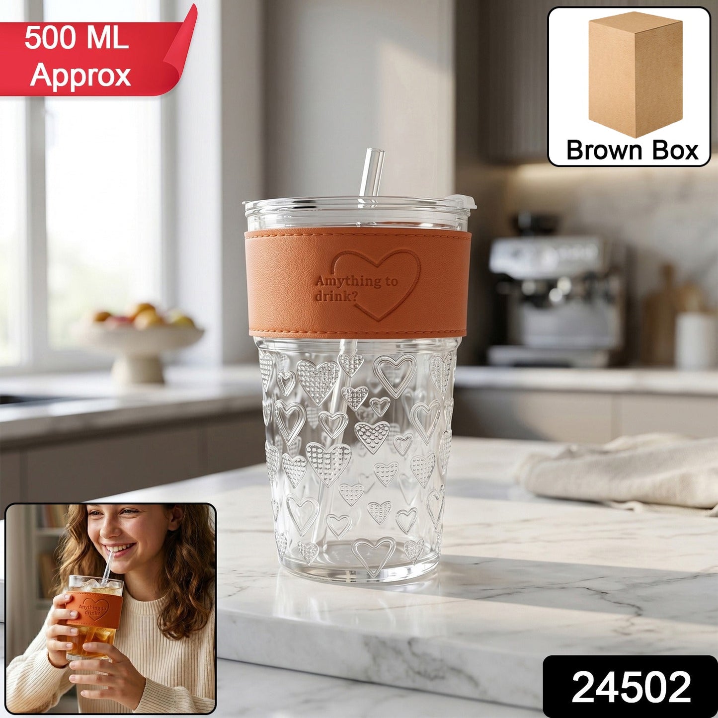 Transparent glass drinking tumbler with lid by Wukusy, ideal for water or juice, shown with a clear, sleek design.