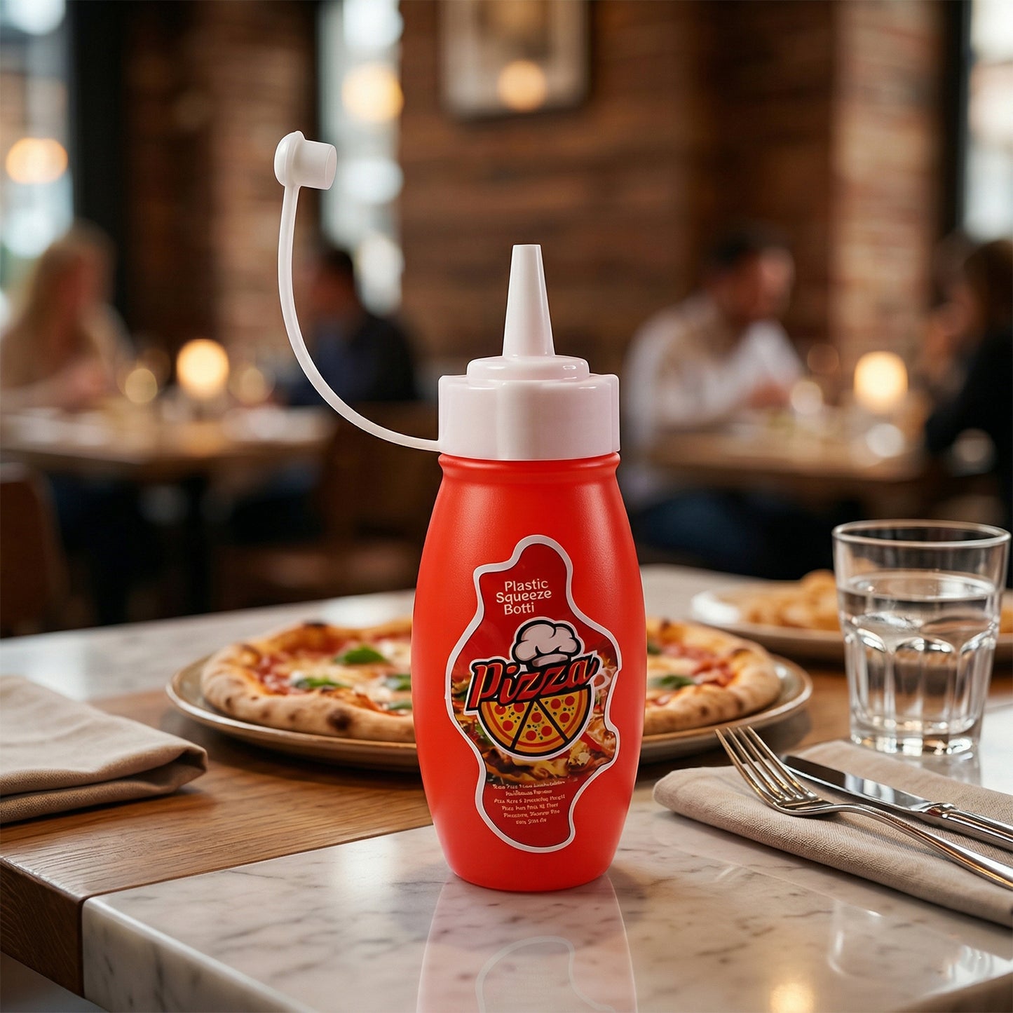 Small Wukusy plastic squeeze sauce bottle for pizza, ketchup, and mayonnaise dispensing, with a compact design for easy use.