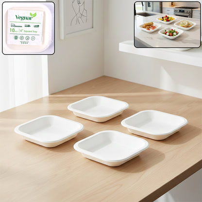 Set of 10 disposable square food serving trays by Wukusy, ideal for parties and catering, showing clean, white plastic trays.