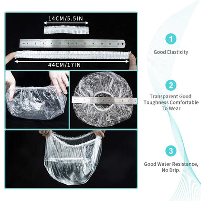 Wukusy disposable shower caps for women, waterproof plastic hair bath caps, individually wrapped, pack of 12, suitable for travel and home use