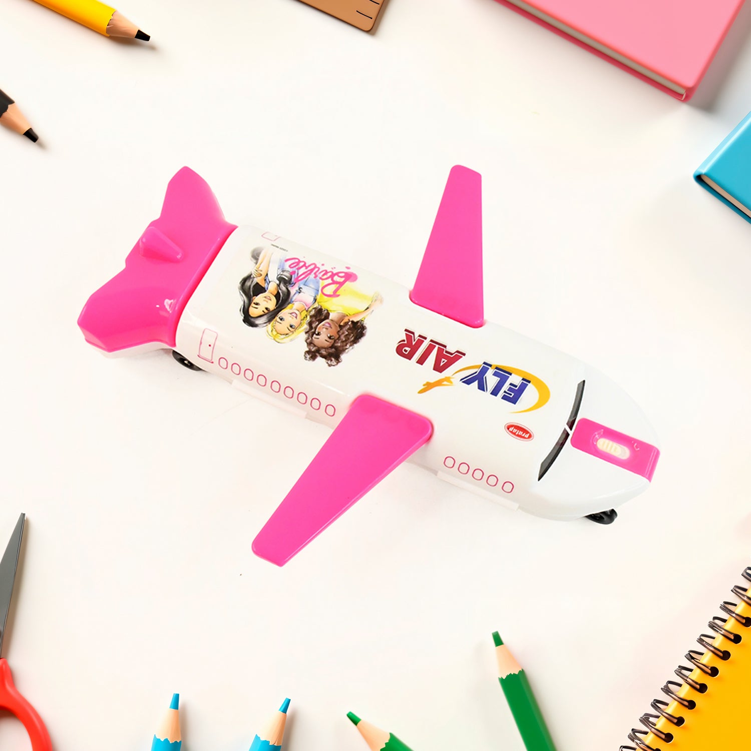 Wukusy airplane-shaped compass box with LED light, built-in sharpener, ideal for office use, featuring colorful airplane design.