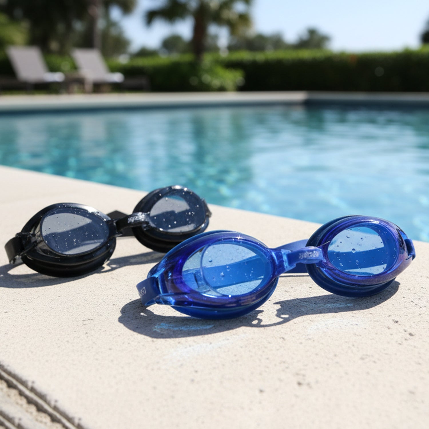 Wukusy swimming goggles set with two pairs of adjustable blue and clear goggles, suitable for kids and adults.