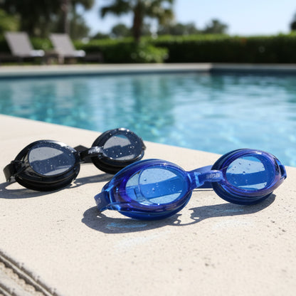 Wukusy swimming goggles set with two pairs of adjustable blue and clear goggles, suitable for kids and adults.