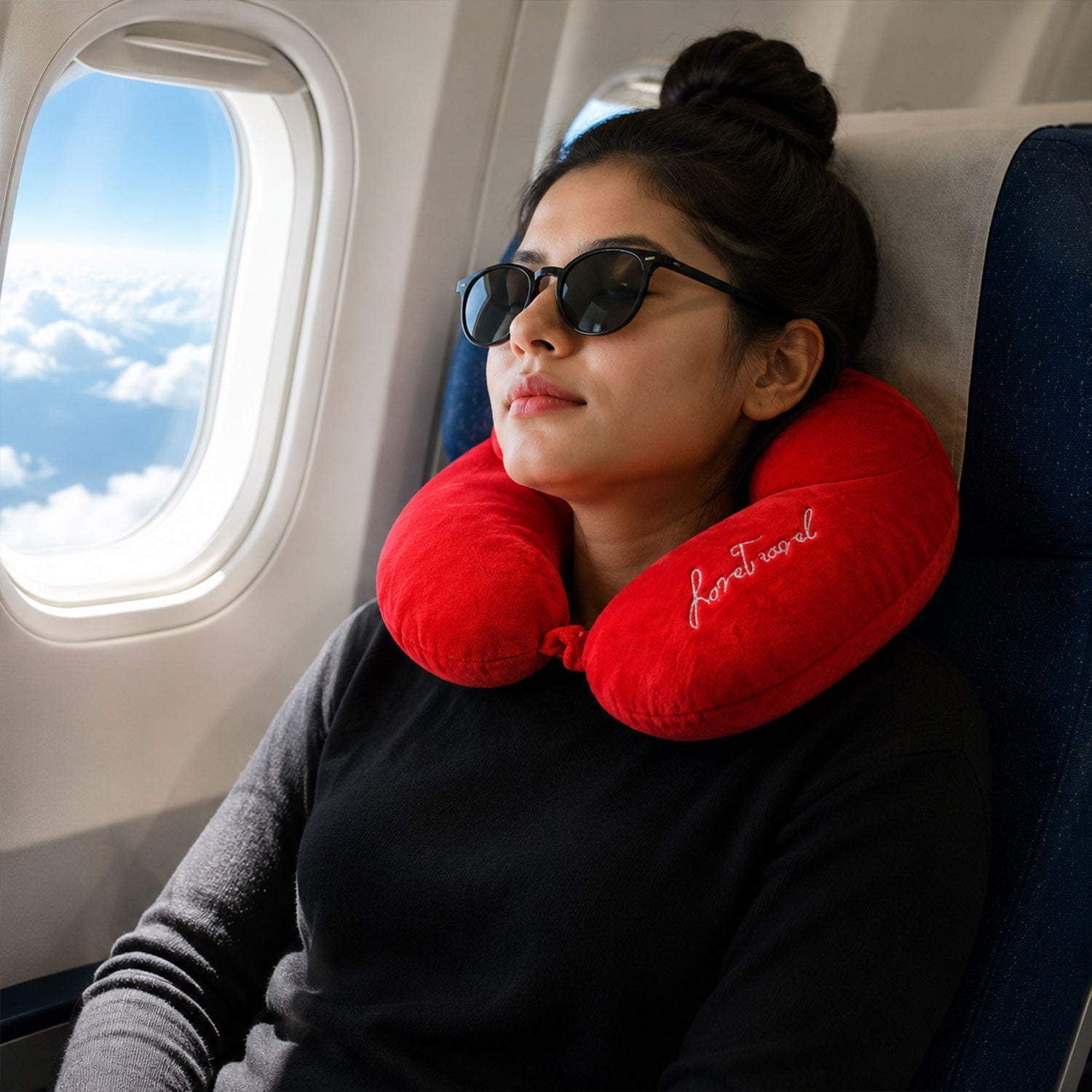 Wukusy 3-in-1 travel neck pillow with sleep eye mask and ear plugs, showing soft pillow, eye mask, and ear plugs for comfort.