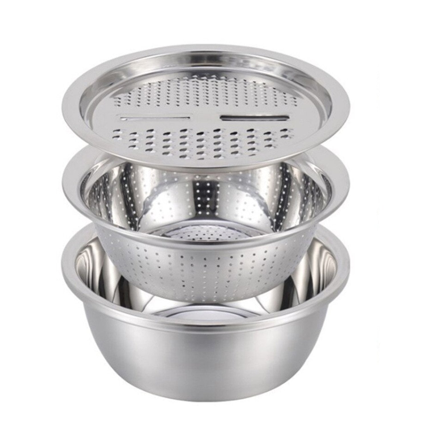 Wukusy 3-in-1 kitchen julienne grater and salad maker with stainless steel blades and multiple grating options on a countertop.