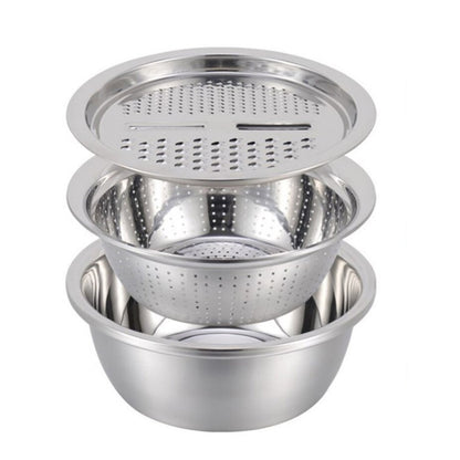 Wukusy 3-in-1 kitchen julienne grater and salad maker with stainless steel blades and multiple grating options on a countertop.