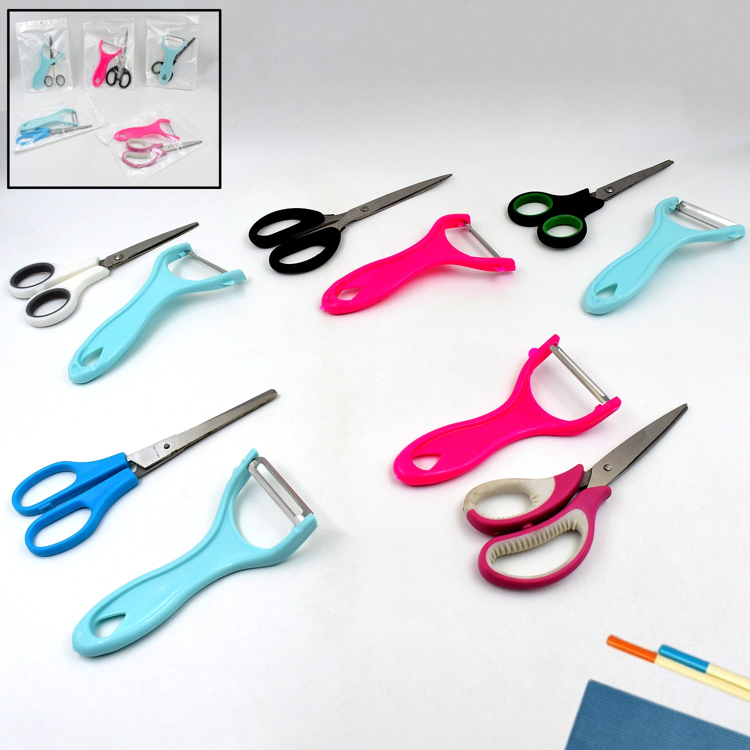 Wukusy stainless steel kitchen scissors and peeler set with mixed designs, versatile for cooking and food prep.